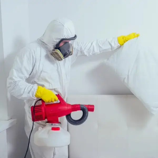 Un exterminateur pulvérise des pesticides dans une chambre.